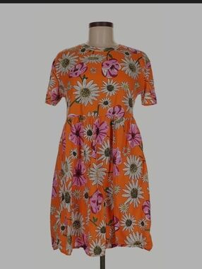 ZARA Orange Floral Short Sleeve Women's Dress